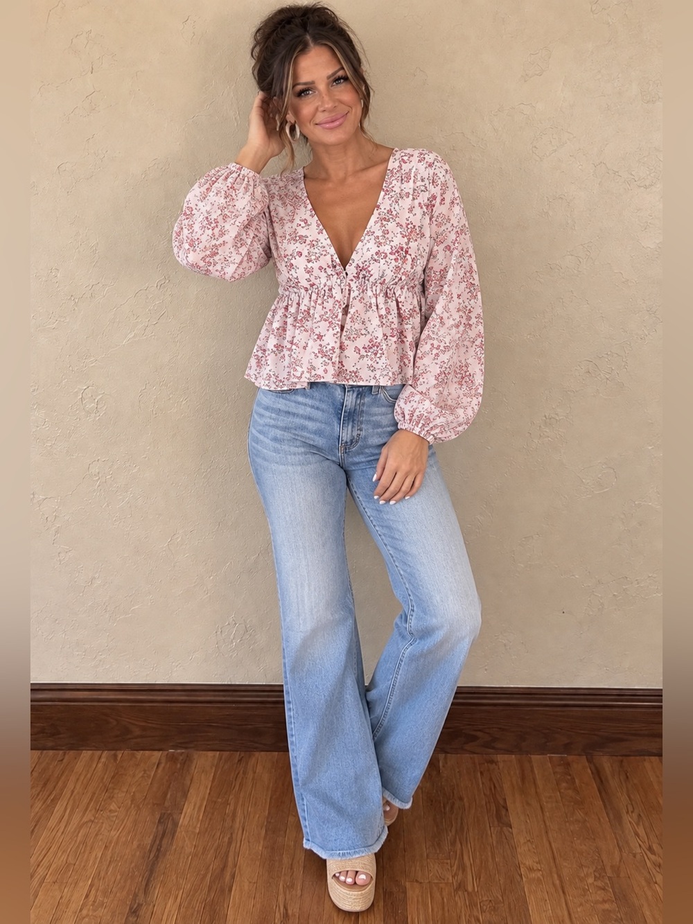 The Vintage Shop Dusty Blush Floral V-Neck Peplum Top | NWT | Size M 🌸